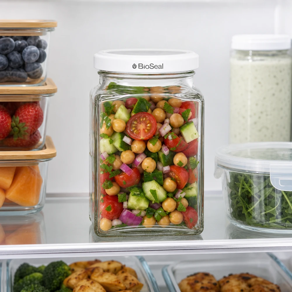Frasco tetra de 260 ml + tampa BioSeal branca UNiTWIST UNiTWIST Tetra260 Vorratsglas im Kühlschrank mit Kichererbsensalat weißer TO58 BioSeal Deckel frische Aufbewahrung