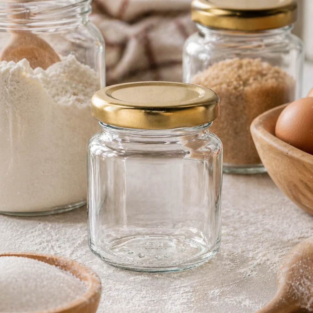 Frasco redondo UNiTWIST de 53 ml com tampa dourada para utilizar na cozinha junto à farinha e aos ingredientes de pastelaria como frasco de arrumação
