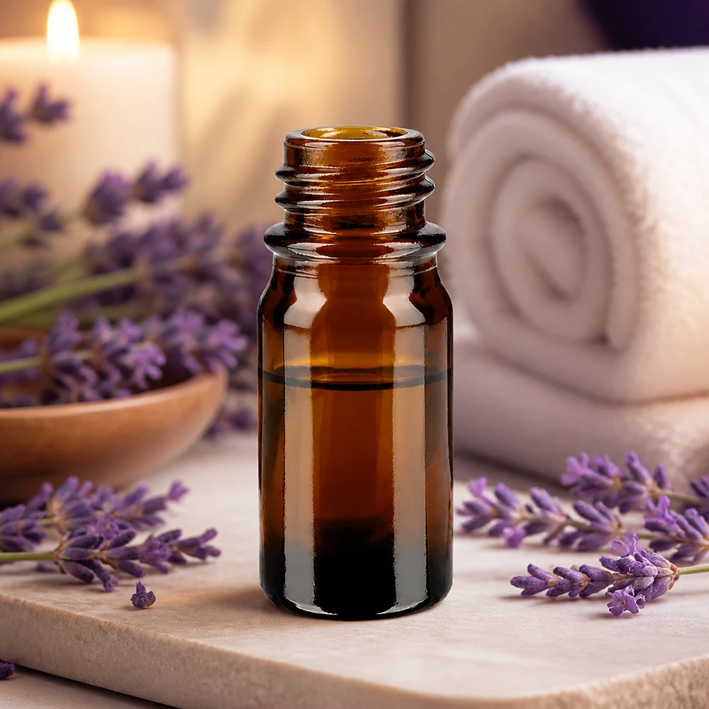 Frasco de boticário castanho ApoGlas de 5 ml com lavanda e acessórios de spa para aromaterapia e óleos essenciais