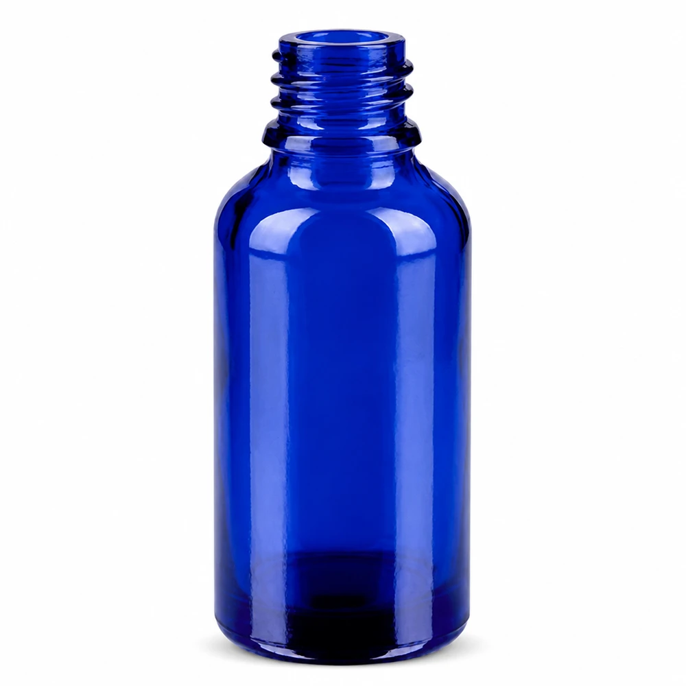 Frasco pequeno de vidro de 30 ml em azul com gargalo roscado de 11 mm para óleos essenciais e tinturas