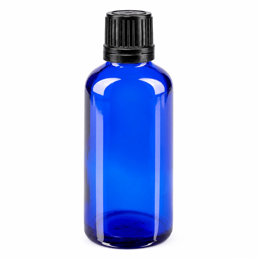 Frasco de vidro azul de farmácia com 50 ml e tampa preta original de 8 mm para produtos farmacêuticos e cosméticos