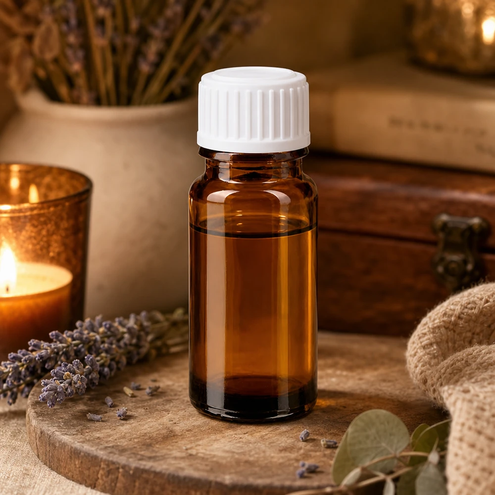 Frasco de farmácia de 10 ml, cor âmbar, com tampa branca padrão, sobre uma tábua de madeira