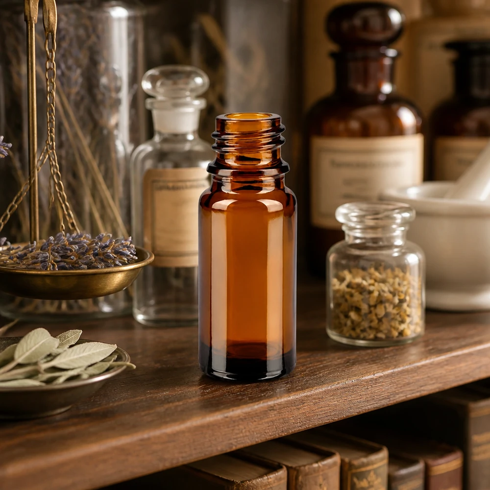 Frasco de boticário castanho ApoGlas de 10 ml com balanças de farmácia vintage e ervas medicinais numa prateleira de madeira