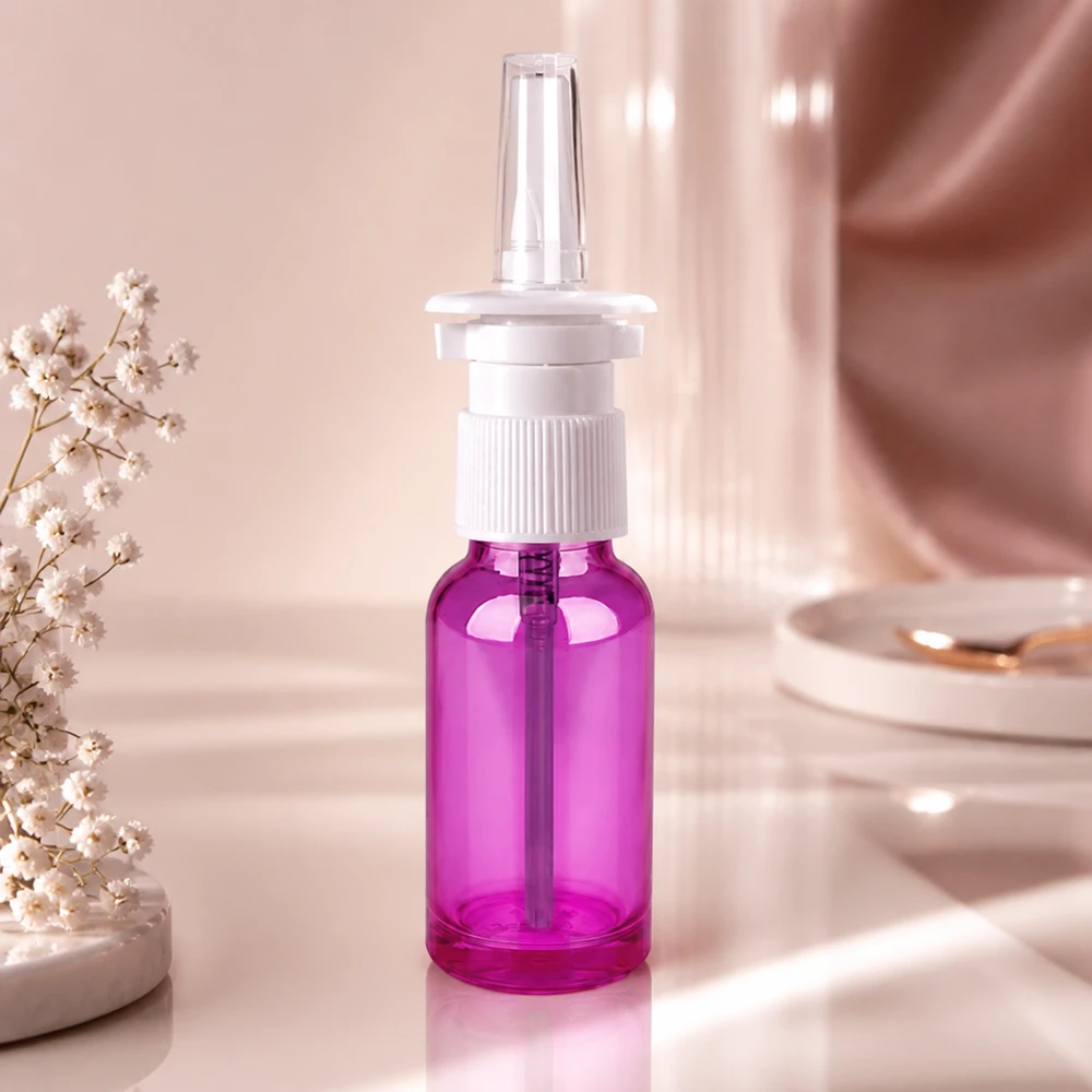 Frasco de spray nasal de 20ml branco/transparente padrão PurpleLine. UT18/20 Prático frasco de spray nasal de 20 ml com rosca UT18/20 em roxo elegante para uso diário