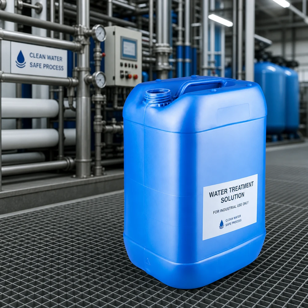 Recipiente azul de 25 litros sem tampa numa instalação de tratamento de água para produtos químicos industriais