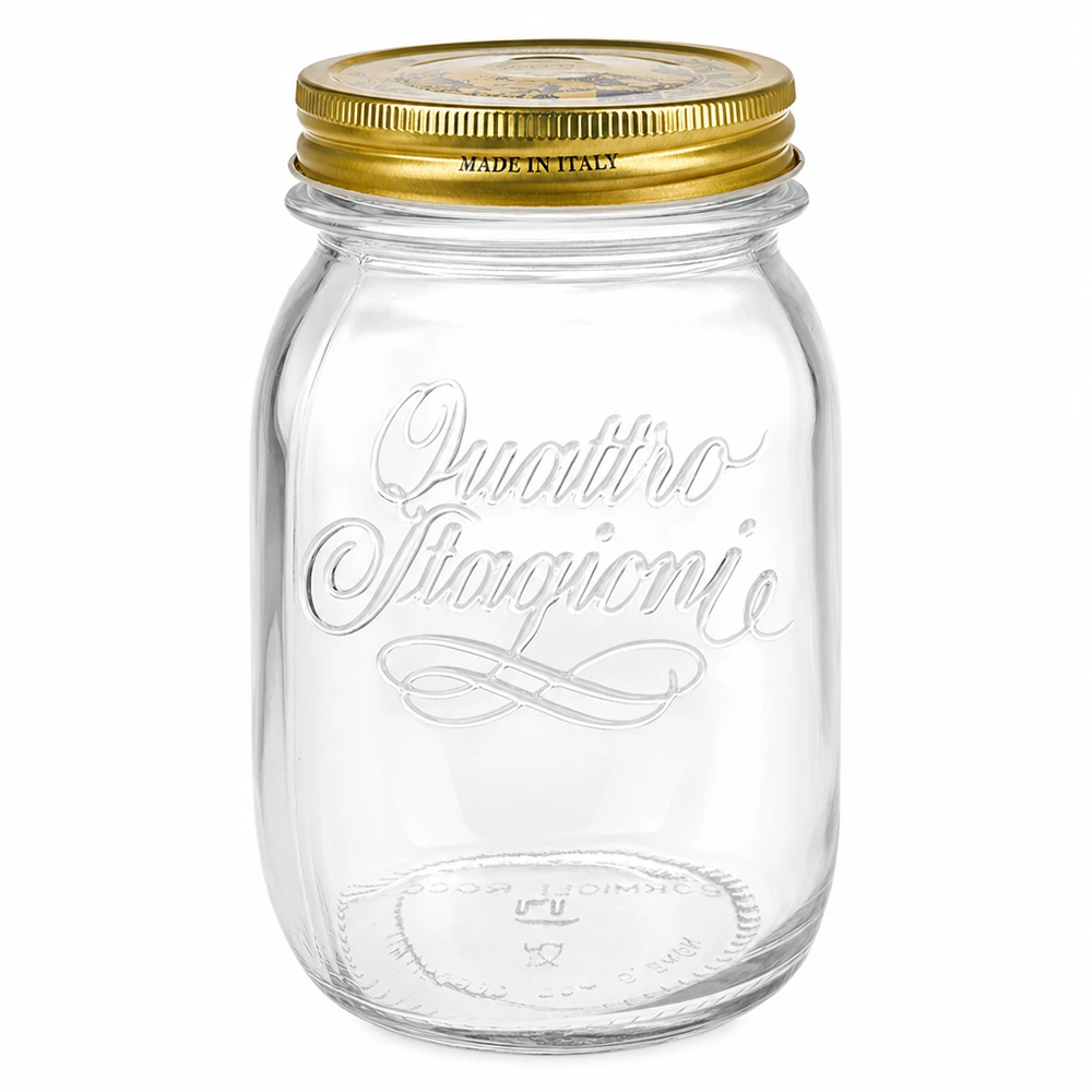Frasco redondo de 500 ml Quattro Stagioni com tampa de rosca dourada Fabricado em Itália Frasco de conservação Frasco de armazenamento transparente