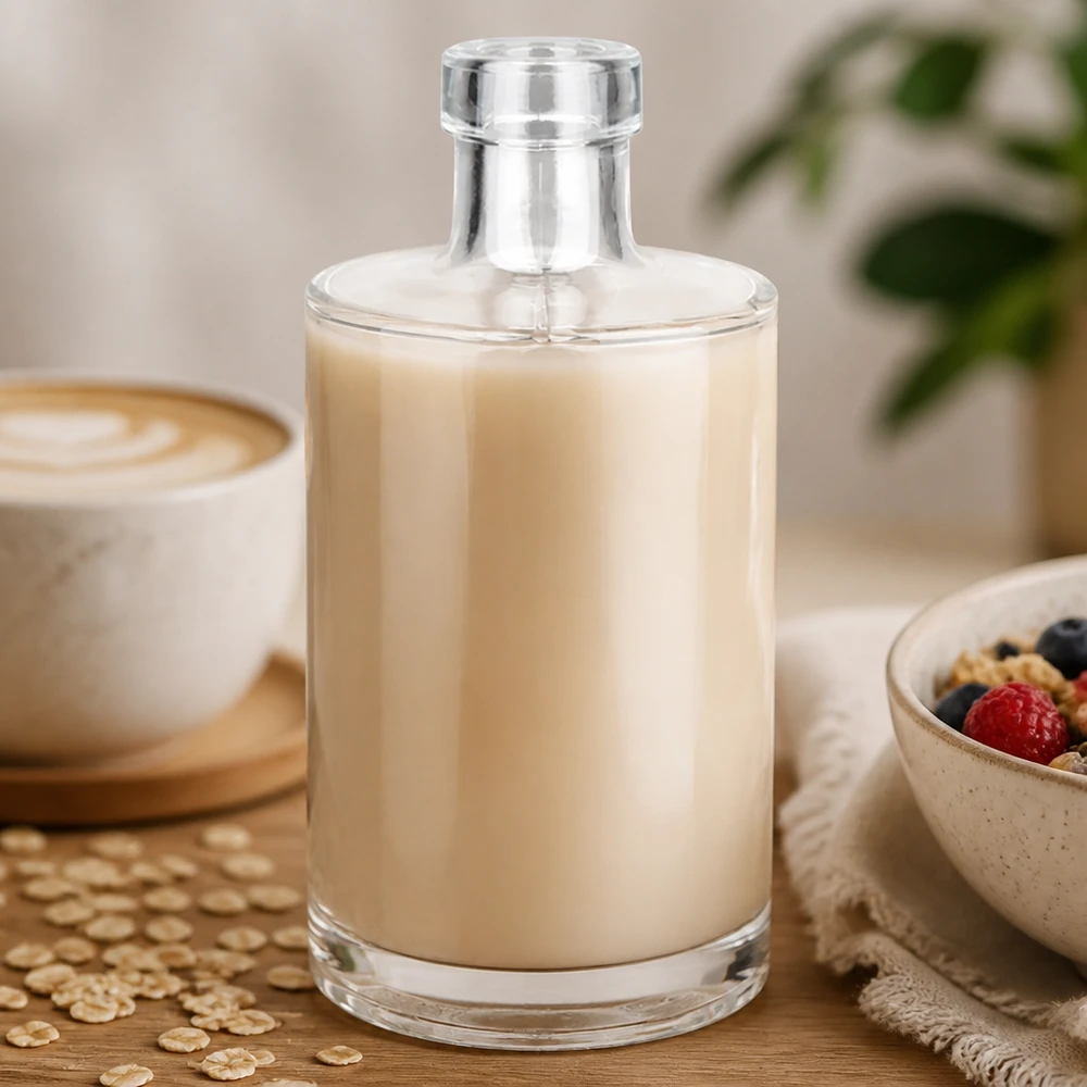 Garrafa de vidro de 350 ml Marie cheia de leite de aveia cremoso ao lado de uma chávena de café e de uma taça de cereais Lifestyle Imagem 3 de 10