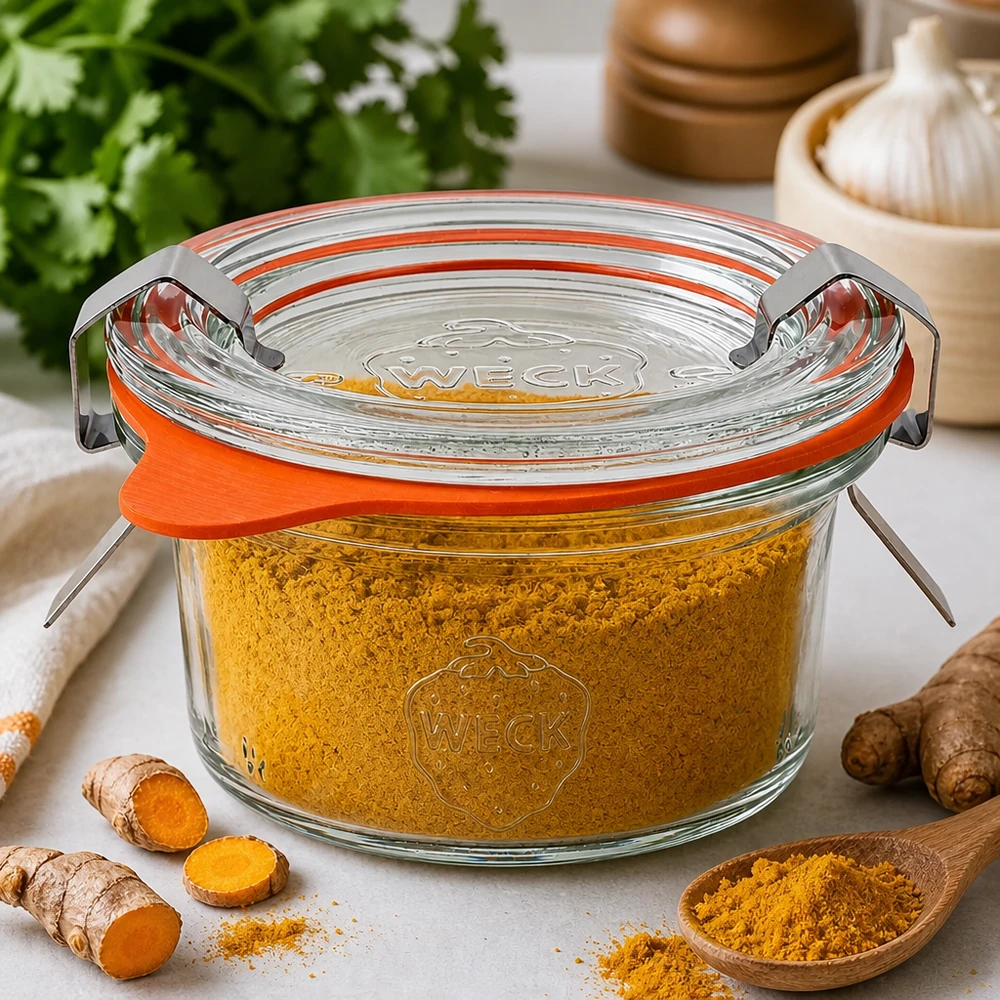 Copos WECK RR60 de 50 ml cheios de curcuma em pó rodeados de raízes de curcuma e especiarias frescas na mesa da cozinha