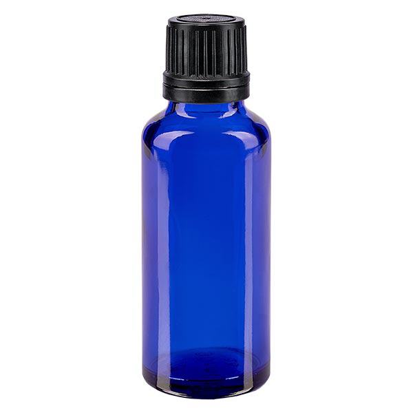 Frasco de farmácia azul 30ml tampa de rosca preta anel de vazamento fecho inviolável Frasco de farmácia azul 30ml tampa de rosca preta anel de vazamento fecho inviolável