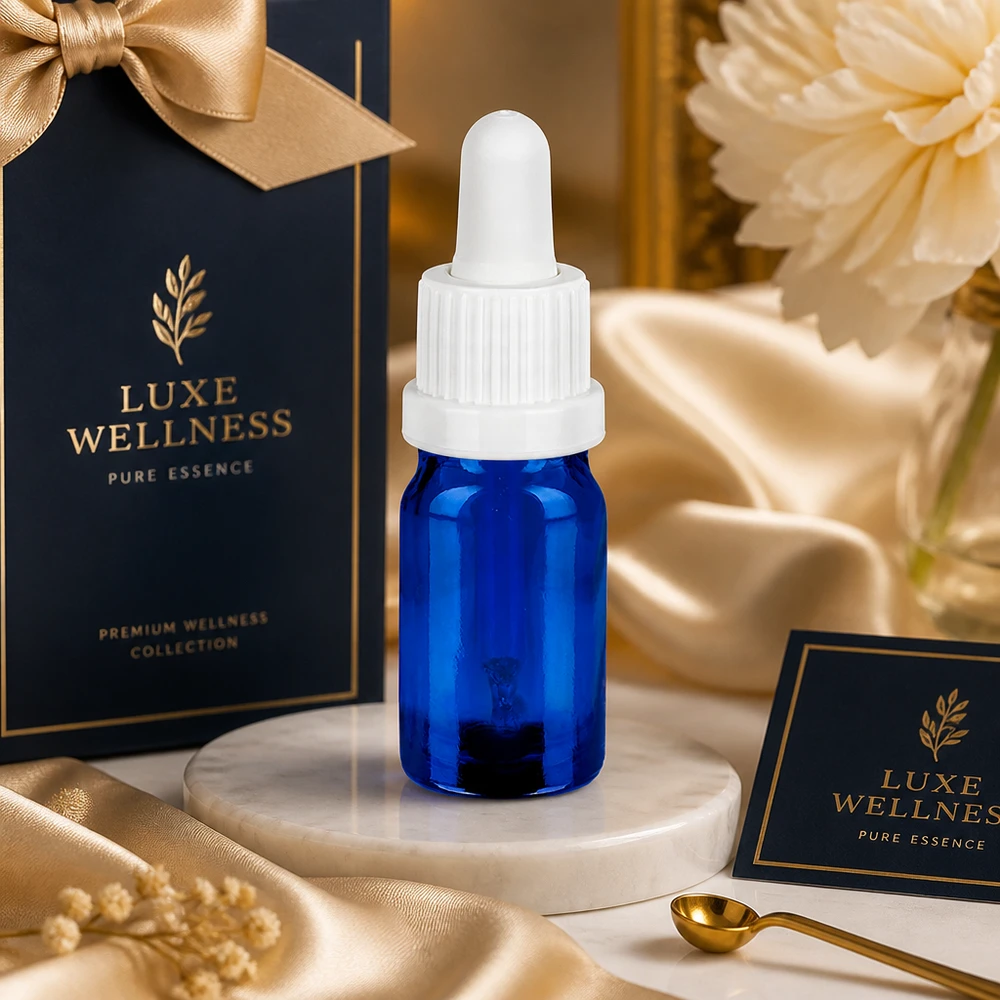 Frasco de pipeta de 5 ml de alta qualidade em vidro azul com proteção UV e tampa de pipeta branca para soros