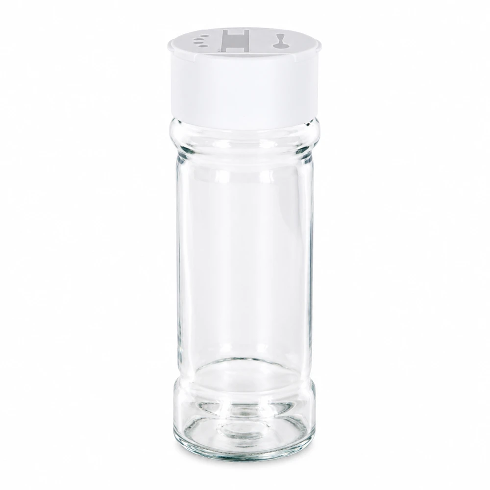 Frasco para sal/especiarias de 100 ml com espalhador duplo, branco Frasco vazio para especiarias de 100 ml, em vidro transparente, com tampa branca com duplo difusor