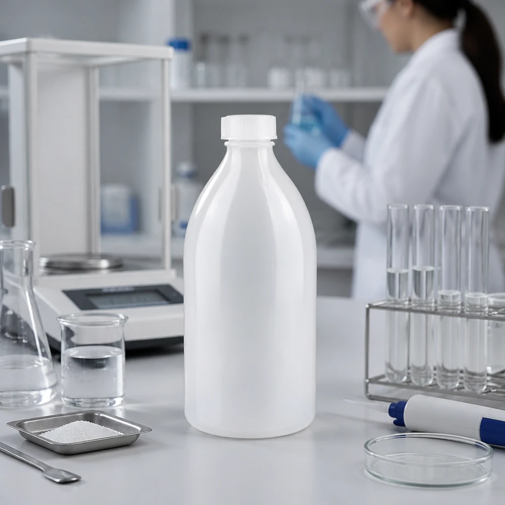 Frasco de rosca de 500ml, frasco de laboratório com gargalo estreito Laboraufbau mit 500ml Enghals Schraubflasche Metallschale Pulver und Pipette