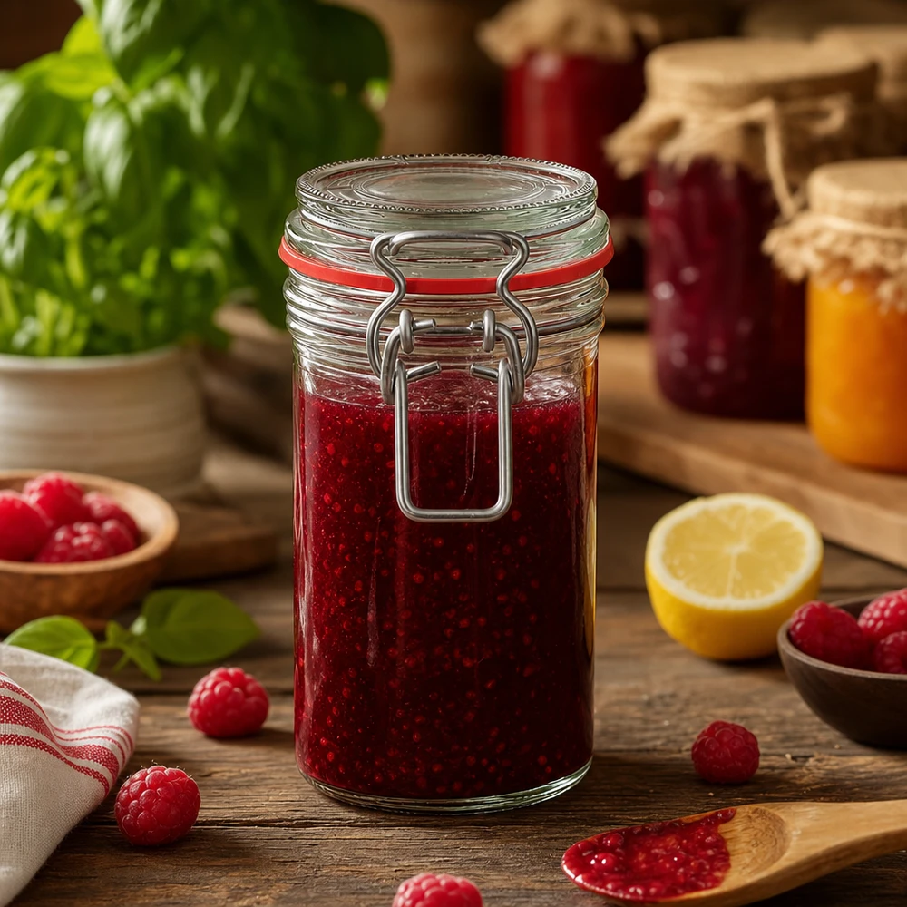 Frasco de conservação de 272 ml, tipo G, com tampa de fecho de alça UN.. Frasco de armazenamento de 272 ml com tampa basculante cheio de compota vermelha sobre uma mesa de madeira com framboesas frescas e limão