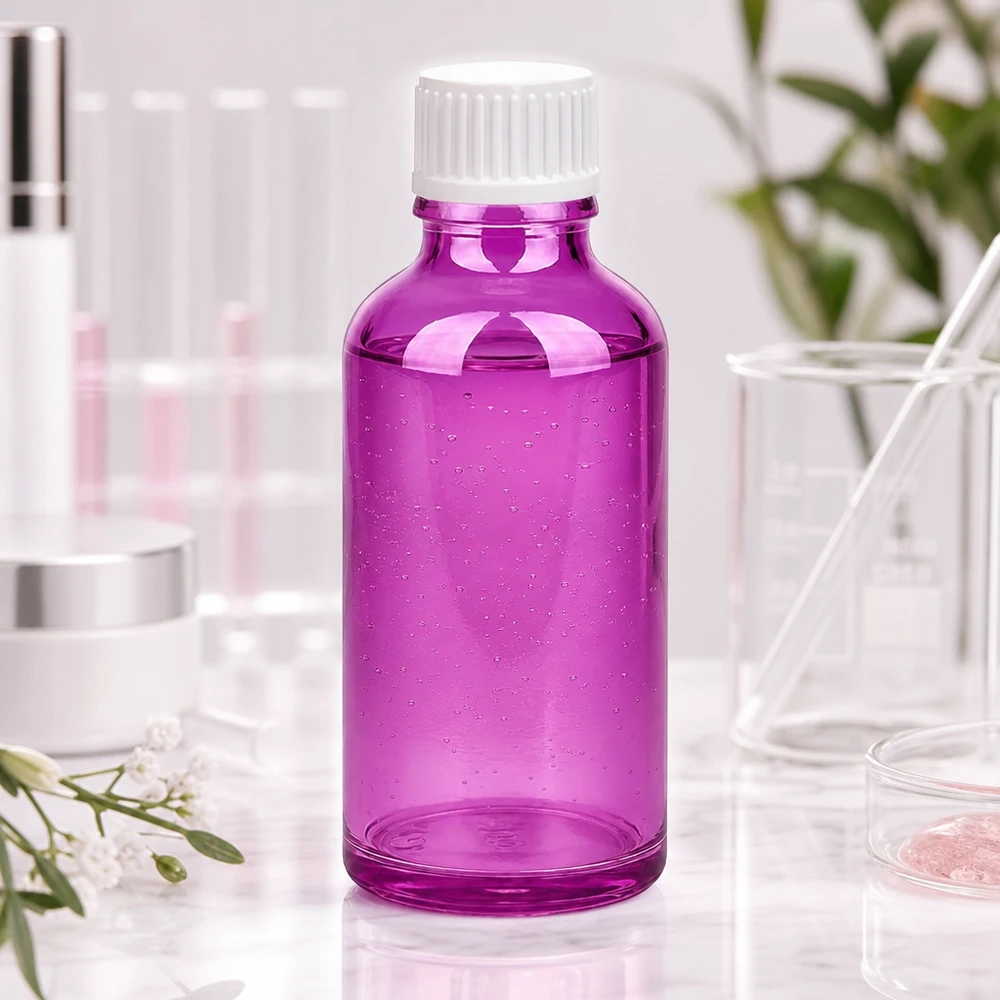 Frasco conta-gotas de 50ml 0,9mm branco padrão PurpleLine. UT18/50 Frasco conta-gotas de 50 ml em roxo transparente com tampa de rosca branca para cosméticos e aromaterapia