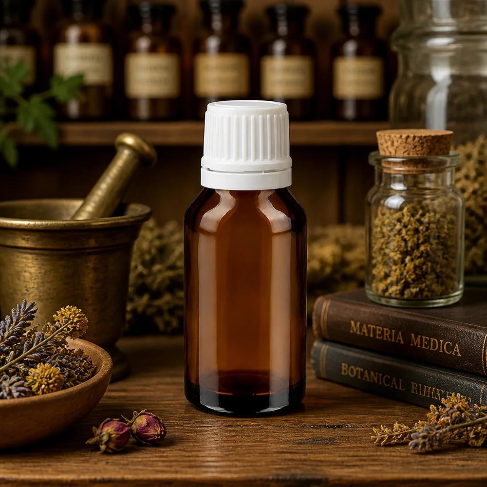 Frasco de farmácia castanho 15ml com tampa de rosca branca com fecho inviolável Frasco castanho de farmácia de 15 ml com tampa de rosca branca sobre uma mesa rústica de madeira