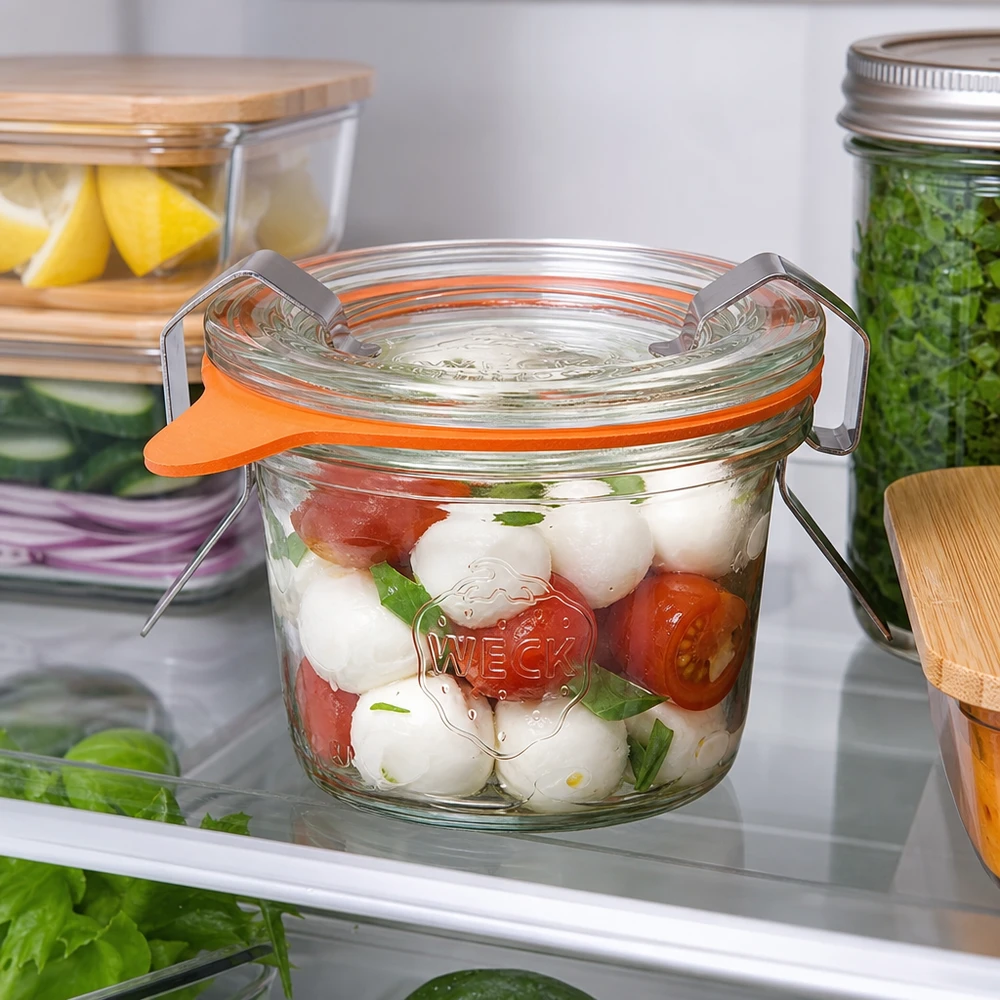 35ml Sturzglas komplett WECK RR40 O frasco de vidro WECK 35ml RR40 cheio de salada Caprese no frigorífico mostra como é prático guardar alimentos frescos