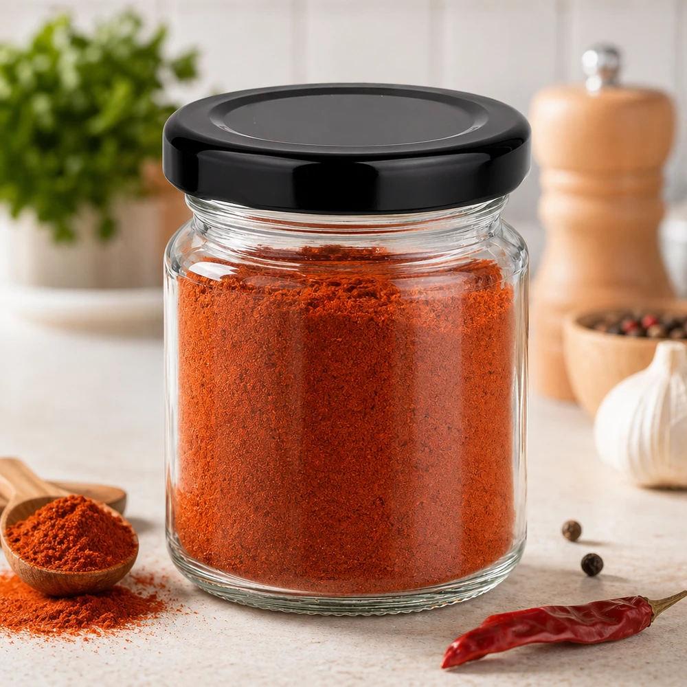 Frasco redondo de 53 ml com tampa BasicSeal preta UNiTWIST Frasco redondo de 53 ml com tampa preta cheio de pimentão vermelho em pó na arrumação moderna de especiarias de cozinha