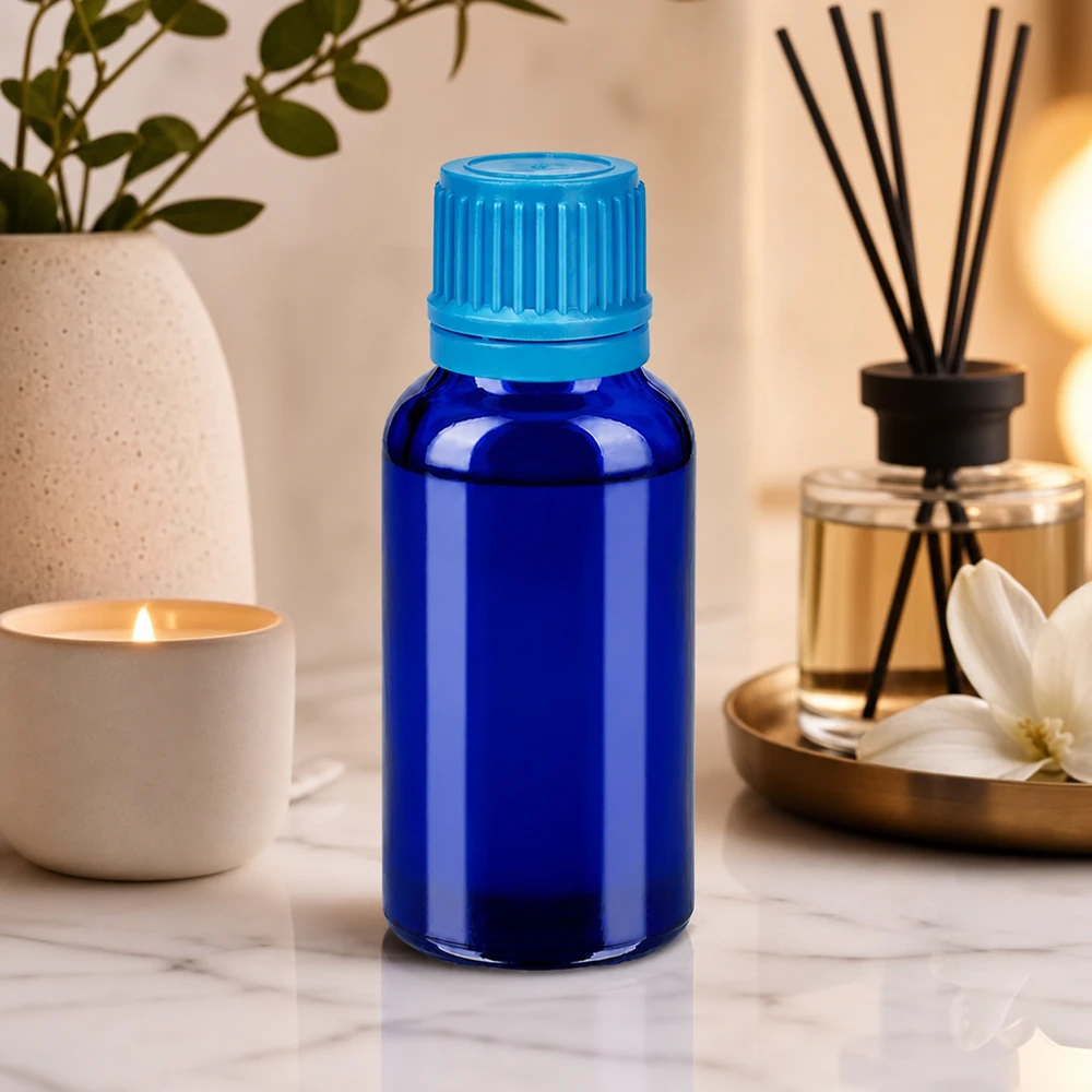 Frasco de 30 ml com tampa de rosca de 11 mm azul com fecho inviolável BlueLine UT18/30 O frasco de vidro de proteção contra a luz 30ml em azul cobalto protege os ingredientes sensíveis da radiação UV