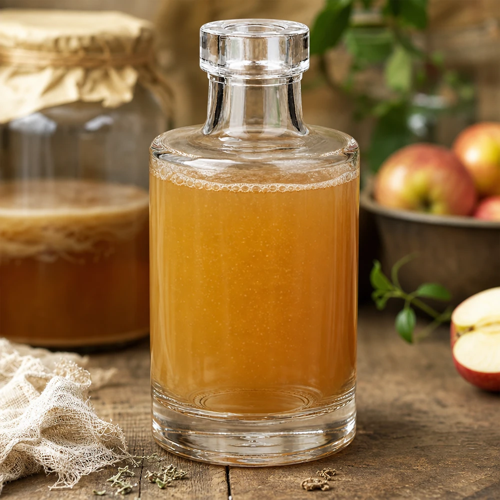 Garrafa de vidro de 100 ml de Marie cheia de sumo de maçã ao lado de maçãs frescas e de um cesto de madeira rústico num cenário de cozinha natural