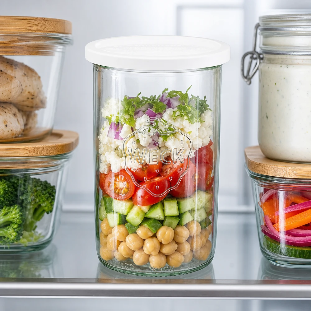 Copos de vidro de 1000ml com tampa WECK RR100 O frasco RR100 de 1000 ml da WECK com salada em camadas de grão-de-bico, pepino e tomate mostra a função de preparação de refeições no frigorífico