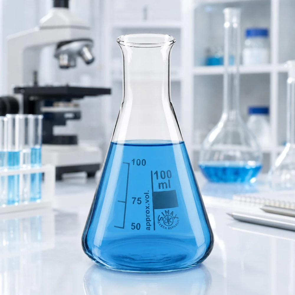 Erlenmeyer cónico de 100 ml de gargalo estreito com líquido azul num ambiente laboratorial estéril