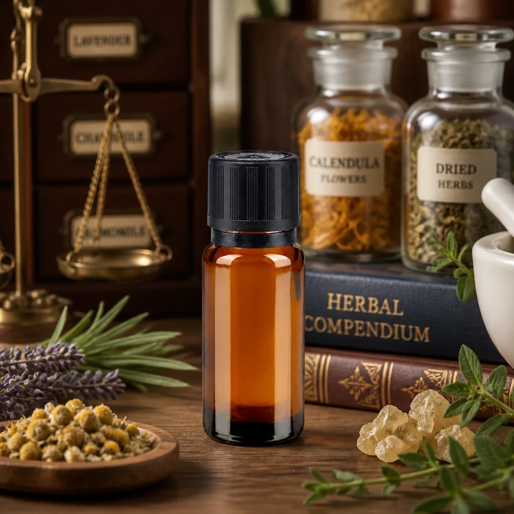 Frasco de farmácia de 10 ml com conta-gotas, com abertura de 1 mm, entre livros de ervas e flores de calêndula sobre madeira