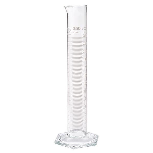 Proveta de medição de 250 ml HF em vidro, escala branca Proveta de medição de 250 ml HF em vidro, escala branca