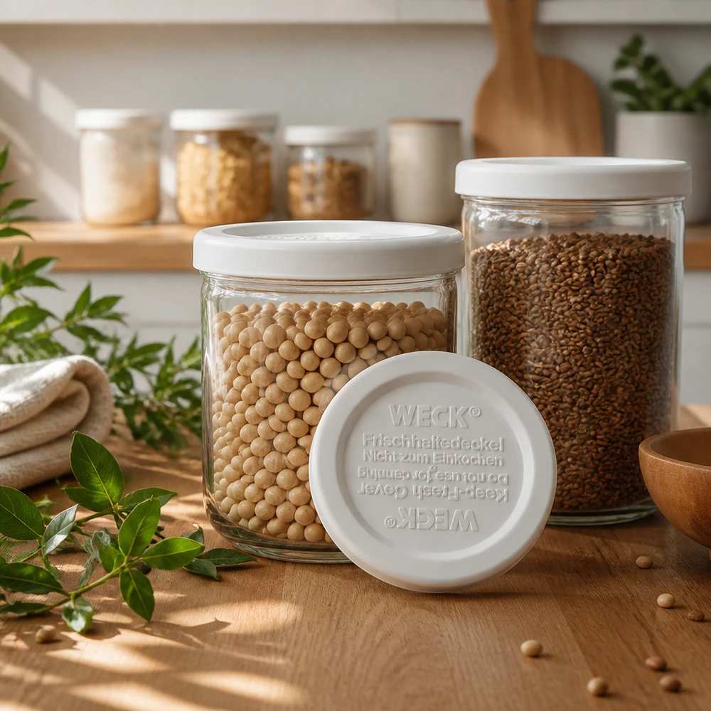 Tampa de conservação de frescos WECK RR40 Tampa de conservação de alimentos WECK RR40 na cozinha com frascos de conservação cheios de leguminosas para uma conservação óptima dos alimentos