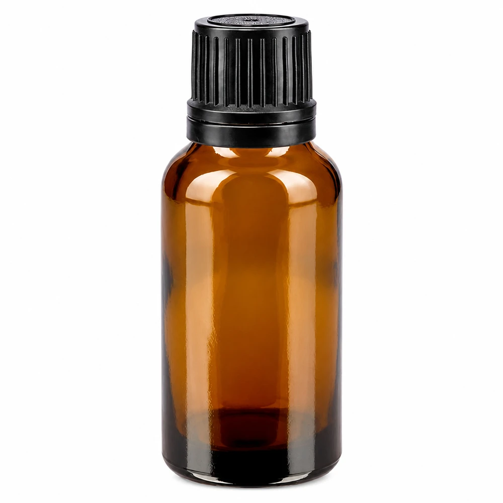 Frasco de vidro castanho de 20 ml com tampa OV preta, vidro de farmácia de 8 mm, vazio