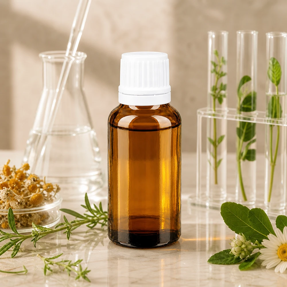 Frasco de farmácia castanho 20ml tampa de rosca branca tampa inviolável Pequeno frasco de vidro castanho de 20 ml com tampa OV branca, rodeado por ervas medicinais e equipamento de laboratório