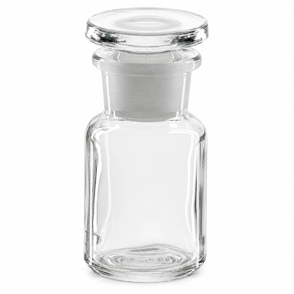 Frasco de ombro redondo 50ml transparente com gargalo largo Garrafa transparente de ombros arredondados, com 50 ml, com rolha de vidro e boca larga, para laboratório e farmácia