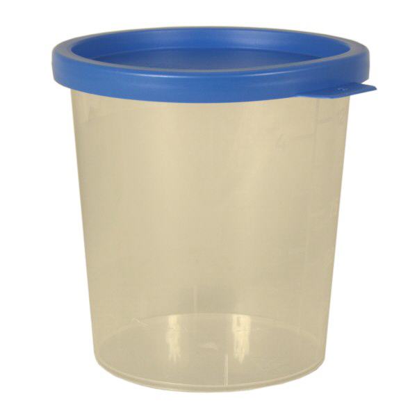 Copo para urina de 125ml de cor natural com tampa de encaixe azul