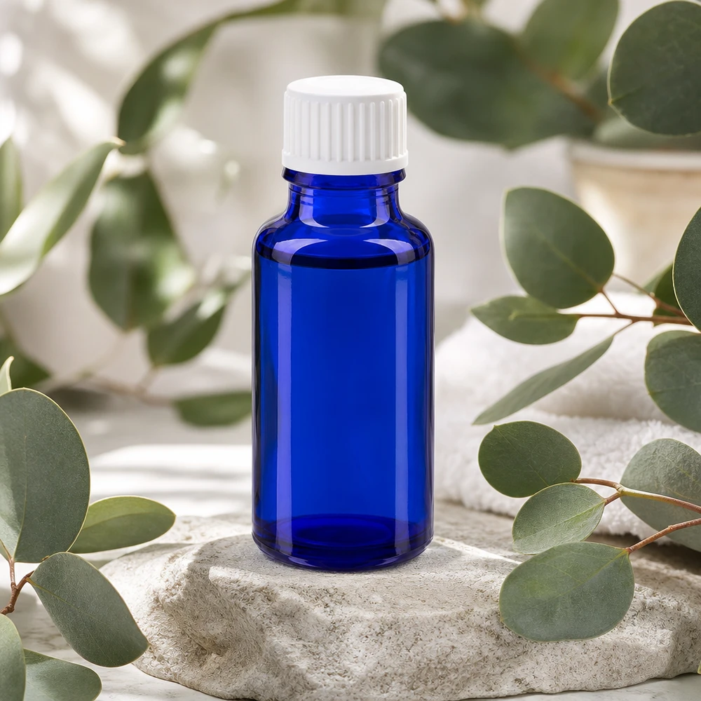 Frasco de farmácia azul 20ml tampa de rosca branco globules standard Pequeno frasco de farmácia azul de 20 ml, em vidro com proteção UV, com tampa de rosca branca sobre pedra natural