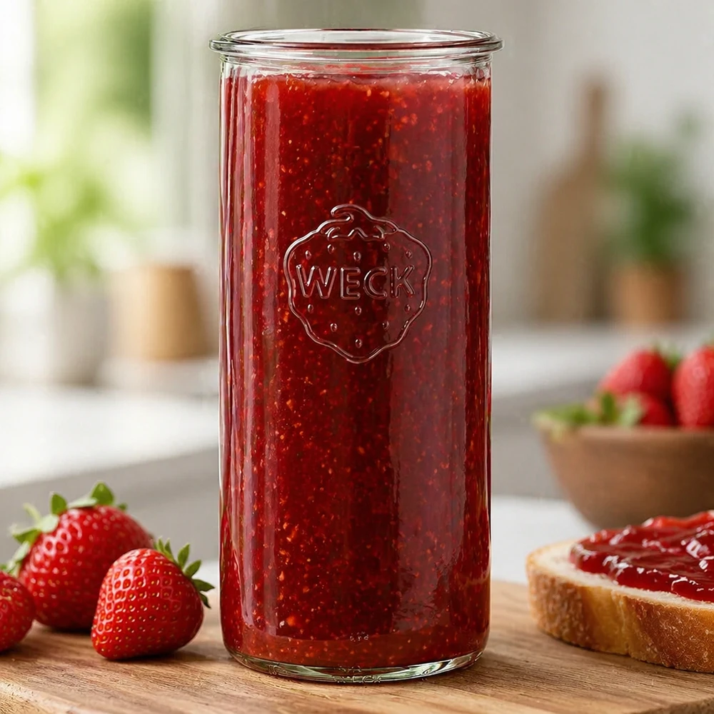 Frasco de vidro de 1500 ml WECK RR100 Frasco WECK RR100 de 1500 ml cheio de compota de morango vermelho ao lado de morangos frescos e pão numa mesa de madeira