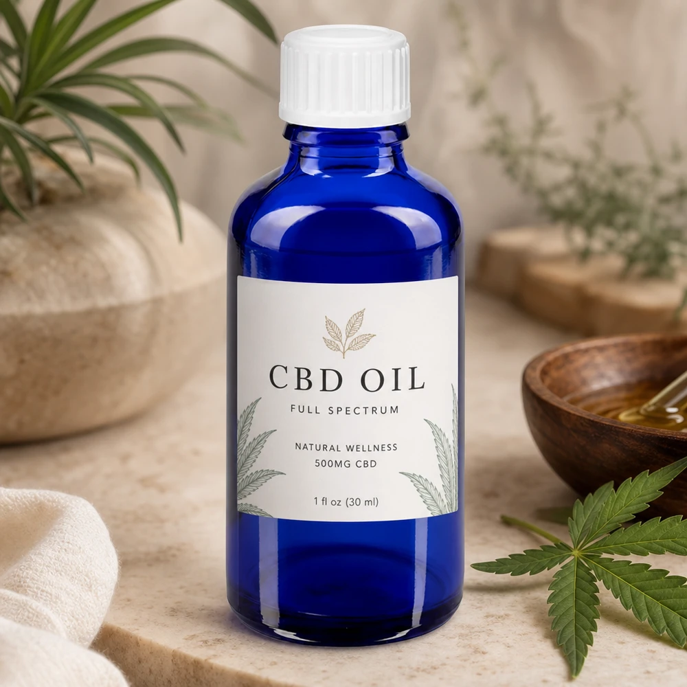 Frasco de vidro de farmácia azul de 30 ml com tampa branca à prova de crianças para produtos à base de óleo de CBD