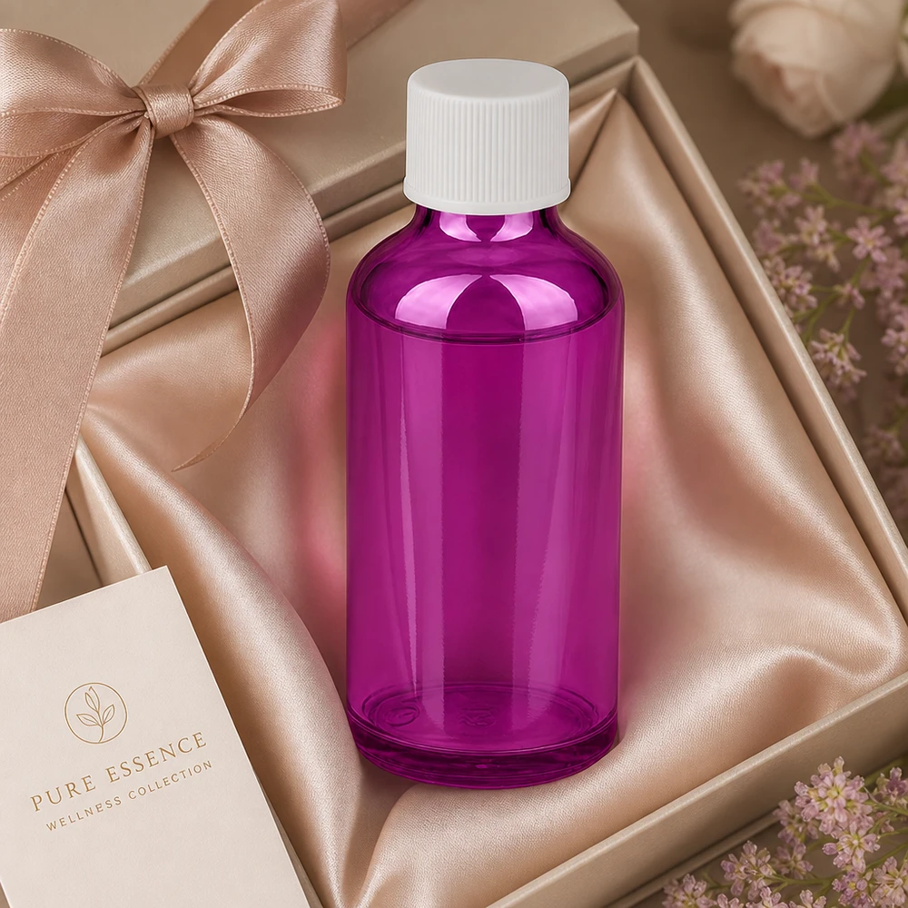 Frasco de 50 ml com tampa de rosca de 11 mm branco padrão PurpleLine UT18/50 Frasco de farmácia de 50 ml em vidro violeta elegante com tampa branca à prova de crianças