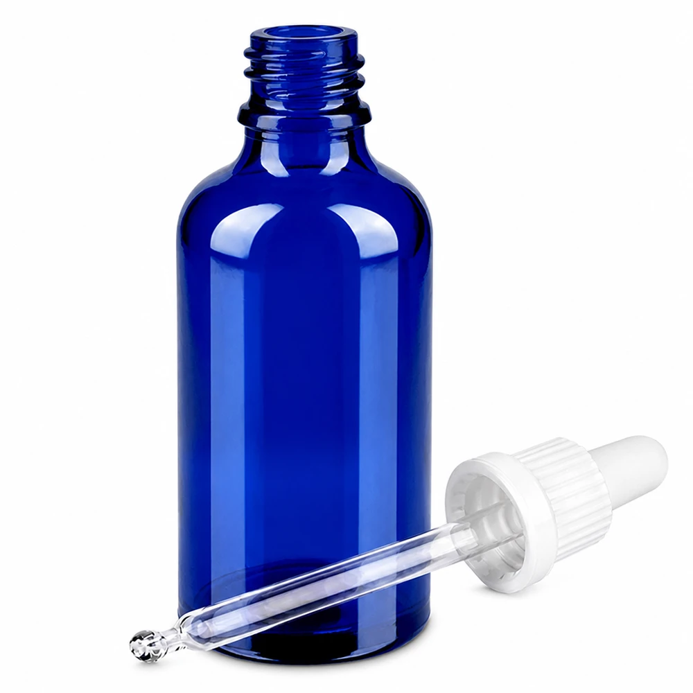 Frasco de vidro azul de 50 ml com pipeta OV BlueLine UT18/50 para cosméticos e óleos essenciais