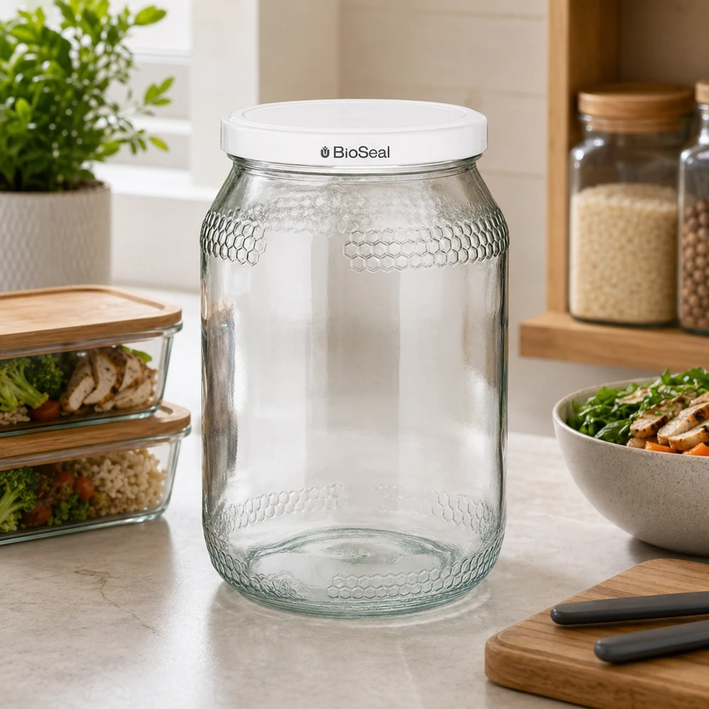 Frasco de mel vazio de 900 ml com tampa BioSeal branca numa cozinha moderna ao lado de frascos de arrumação e de uma saladeira
