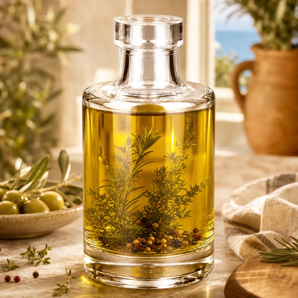 100ml Glasflasche "Marie" ohne Verschluss UNiTWIST Garrafa de vidro de 100 ml Marie cheia de óleo de ervas e especiarias como exemplo de utilização na cozinha e para decoração