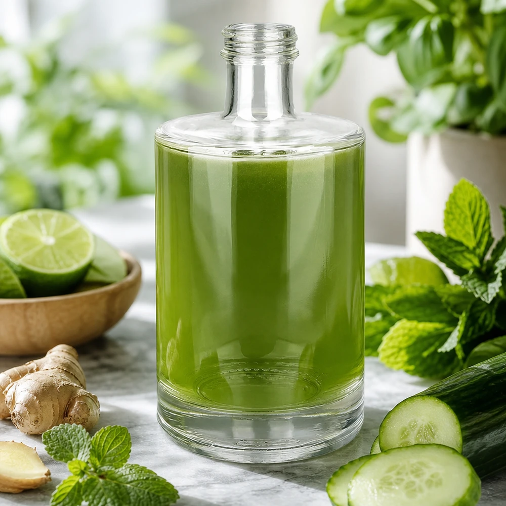 500ml Glasflasche "Sam" ohne Schraubverschluss UNiTWIST Garrafa de vidro de 500 ml Sam cheia de batido verde rodeada de ingredientes frescos hortelã pepino gengibre lima