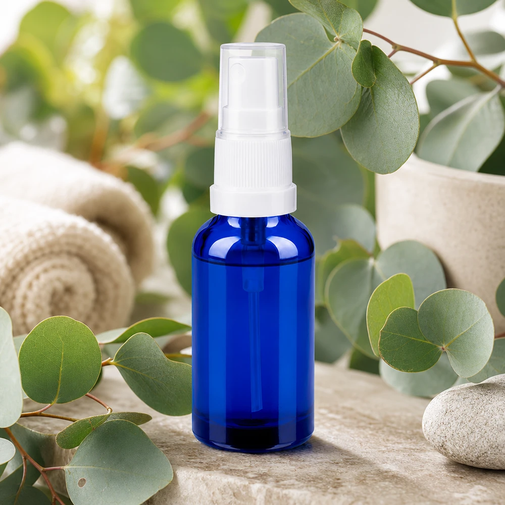 Frasco de spray de 30 ml de alta qualidade em vidro azul com atomizador branco para uma dosagem precisa