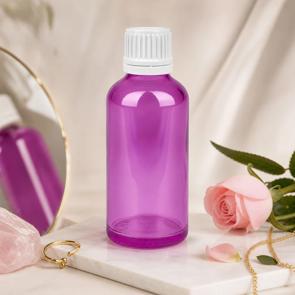Frasco elegante de 50 ml em roxo moderno com tampa de rosca branca para produtos de beleza