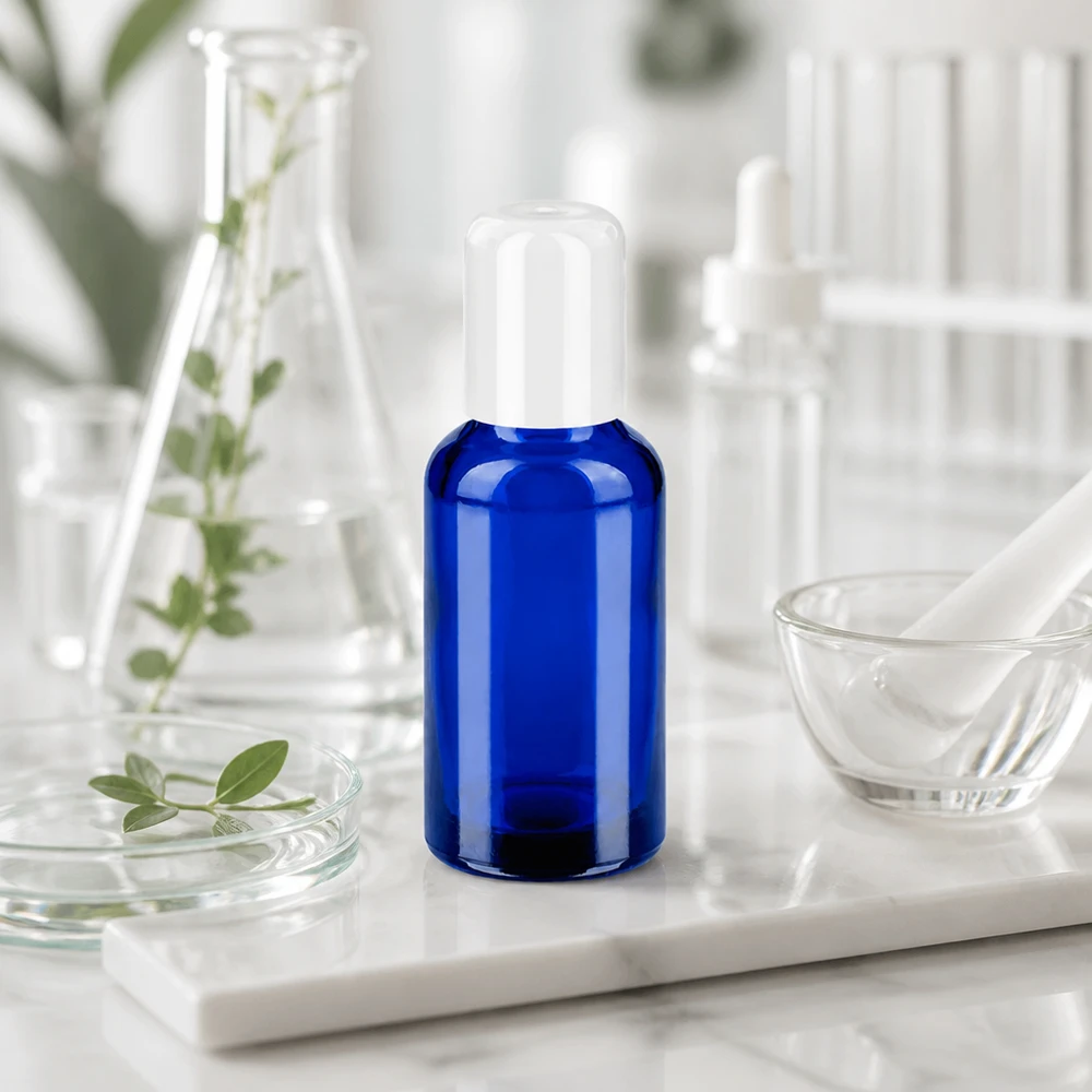 Frasco roll-on BlueLine de 30 ml com vidro azul Proteção UV para substâncias sensíveis à luz