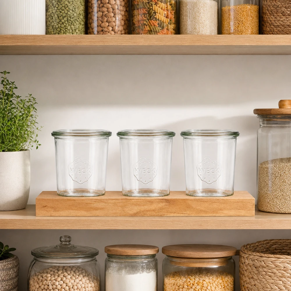 Copos Weck 160ml vazios na tábua de servir Plano3 em arrumação organizada cozinha com recipientes para especiarias