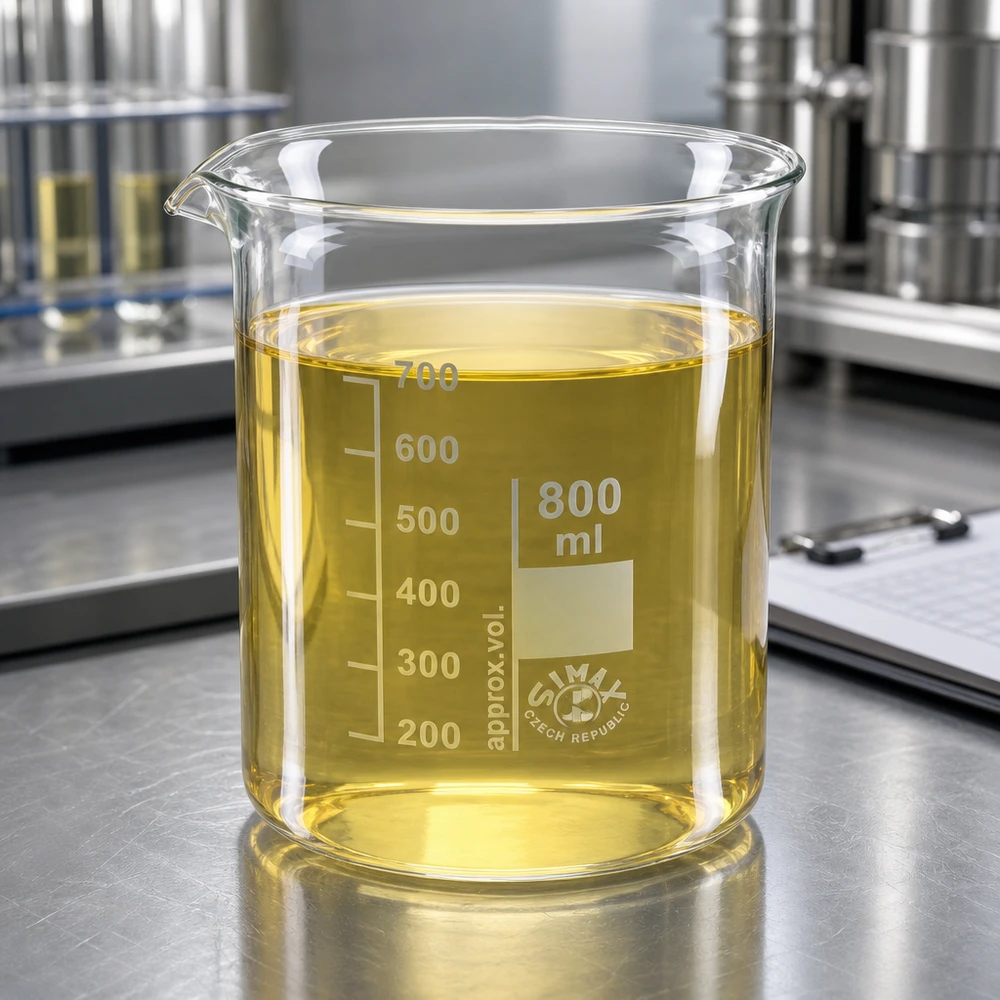 Copo de laboratório de 800 ml de vidro borossilicato robusto com líquido de ensaio amarelo em bancada de laboratório