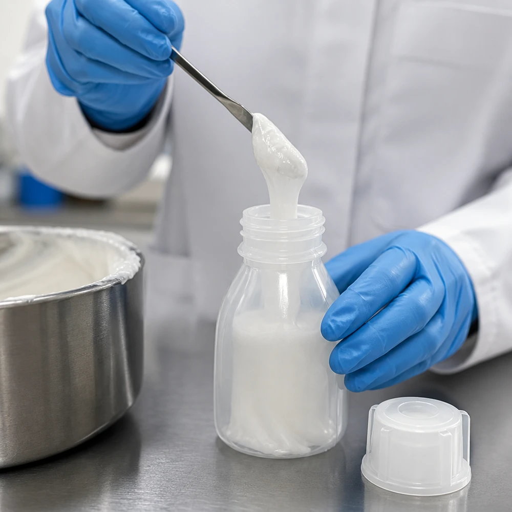 Um técnico de laboratório enche, com uma espátula, um pequeno frasco de PP com gargalo estreito e tampa de rosca com um creme branco, no laboratório