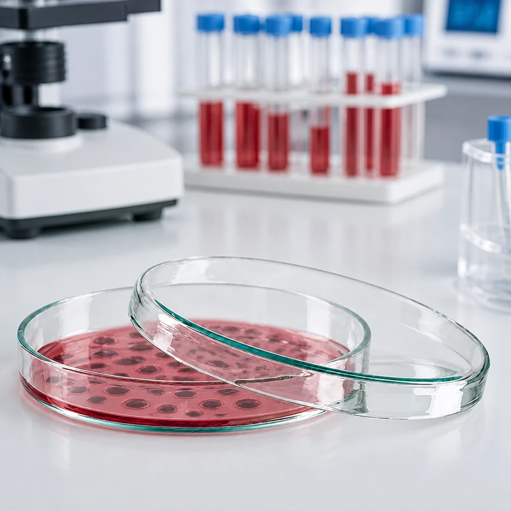 Placa de Petri de vidro, 100 x 10 mm, com meio de cultura vermelho e colónias num laboratório de microbiologia