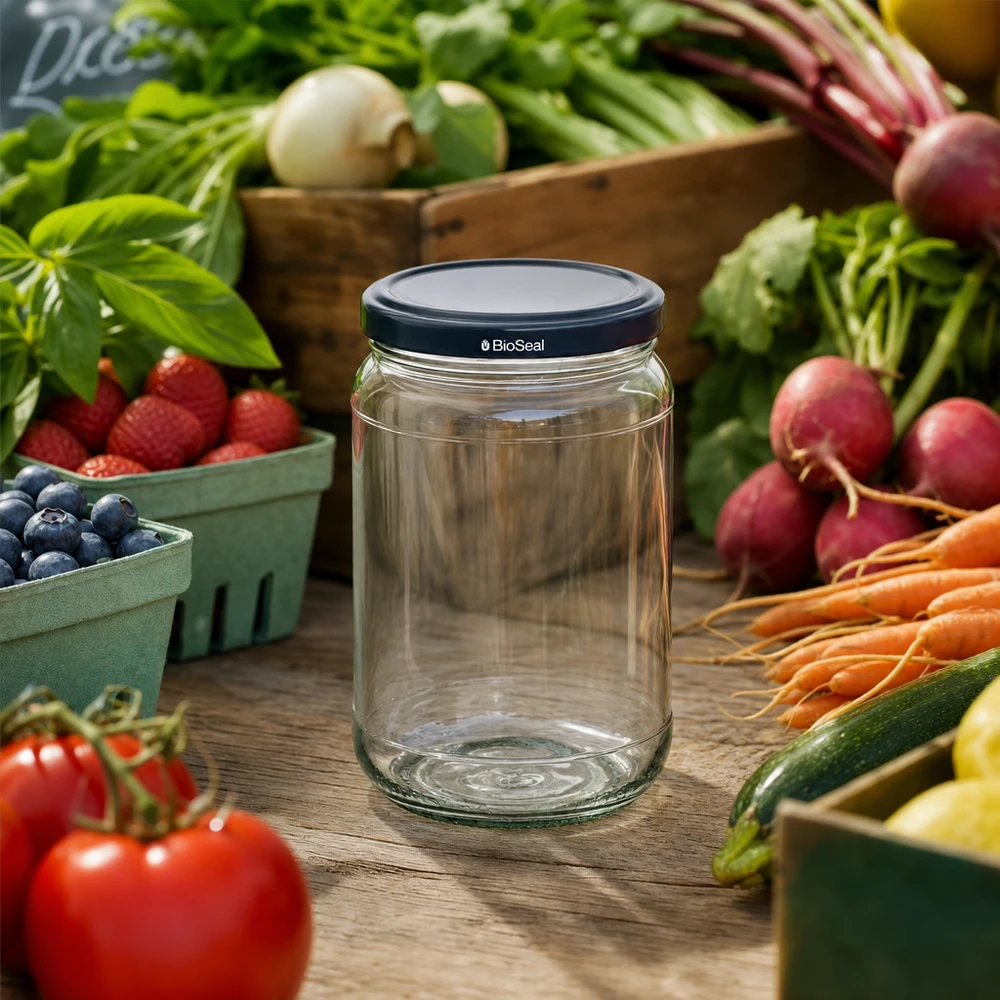 Frasco redondo de 305 ml + tampa BioSeal preta UNiTWIST UNiTWIST Runda305 Vorratsglas mit schwarzem BioSeal Deckel inmitten frischem Marktgemüse und Obst auf Holztisch