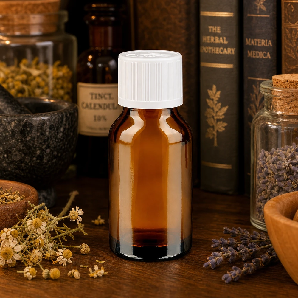 Pequeno frasco de farmácia castanho de 30 ml com tampa branca KiSi, entre ervas e livros sobre plantas medicinais
