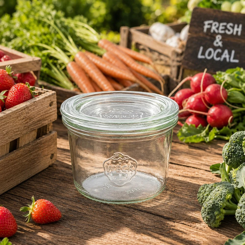 Copos WECK de 80 ml RR60 rodeados de legumes frescos e fruta numa mesa de madeira Sinal Farmers Market Fresh Local
